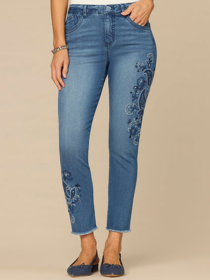 Democracy Clothing “Ab”solution® High Rise Paisley Embroidered Petite Ankle Skimmer Jeans - Mid Blue Artisanal Denim