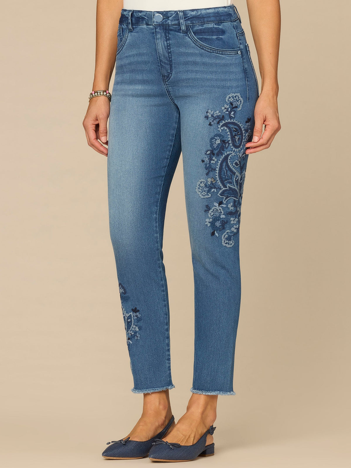 Democracy Clothing “Ab”solution® High Rise Paisley Embroidered Petite Ankle Skimmer Jeans - Mid Blue Artisanal Denim
