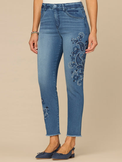Democracy Clothing “Ab”solution® High Rise Paisley Embroidered Petite Ankle Skimmer Jeans - Mid Blue Artisanal Denim