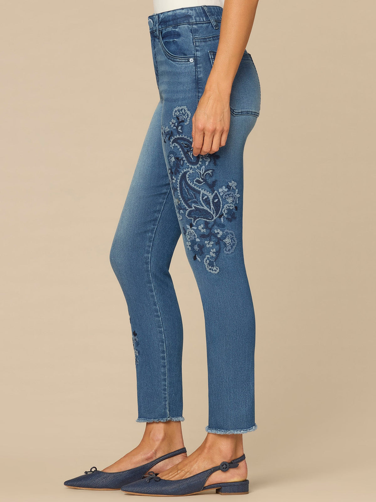 Democracy Clothing “Ab”solution® High Rise Paisley Embroidered Petite Ankle Skimmer Jeans - Mid Blue Artisanal Denim