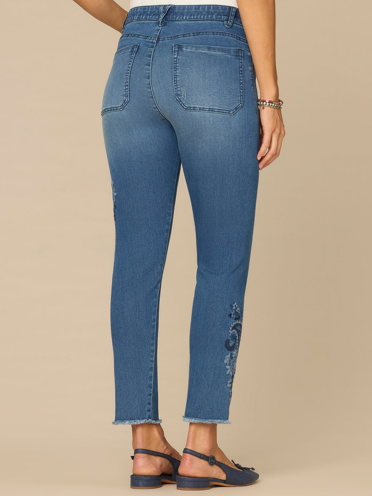 Democracy Clothing “Ab”solution® High Rise Paisley Embroidered Petite Ankle Skimmer Jeans - Mid Blue Artisanal Denim