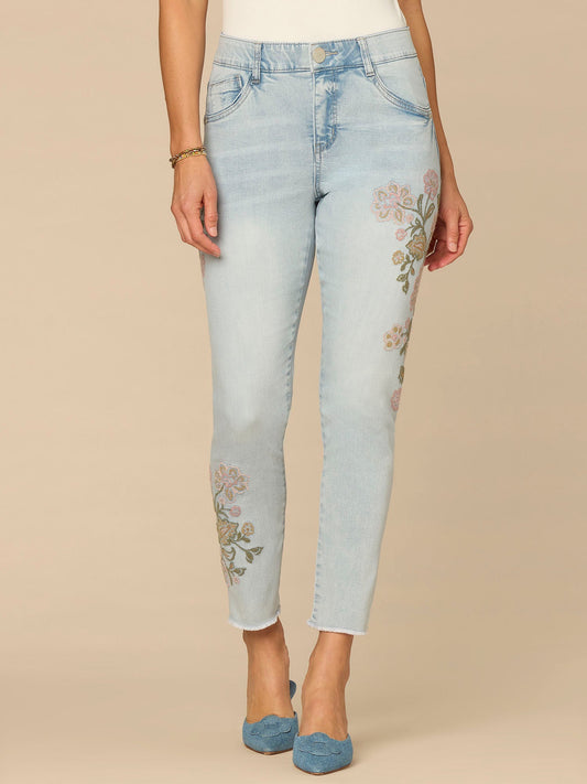 Democracy Clothing “Ab”solution® High Rise Seamless Embroidered Petite Ankle Skimmer Jean - Light Blue Artisanal Denim