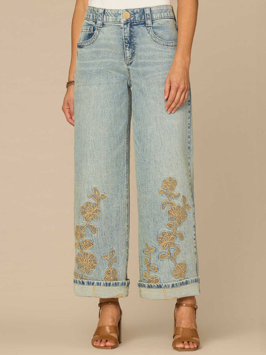 Democracy Clothing "Ab"solution® High Rise Cuffed Petite Wide Leg Jeans with Embroidery - Light Blue Artisanal Denim