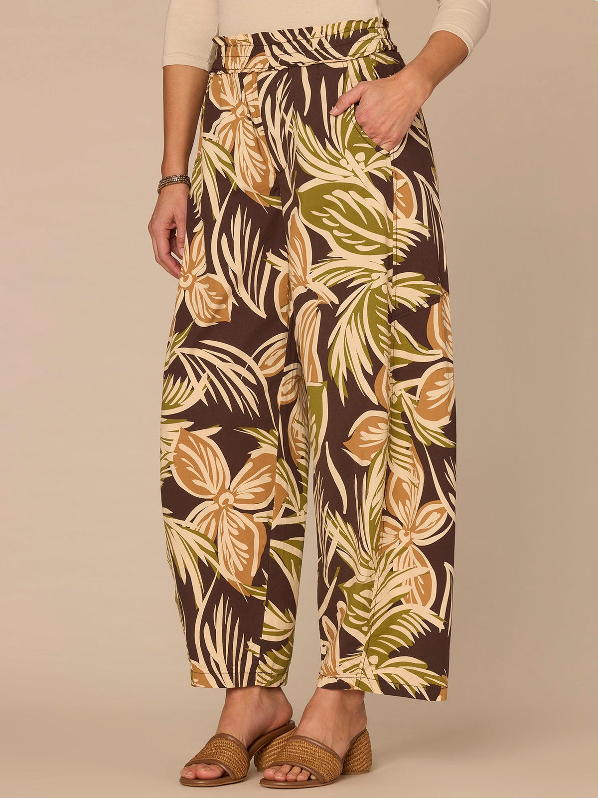 Democracy Clothing "Ab"leisure Skyrise Printed Glider Petite Relaxed Straight Leg Pants - Chestnut Green Multi