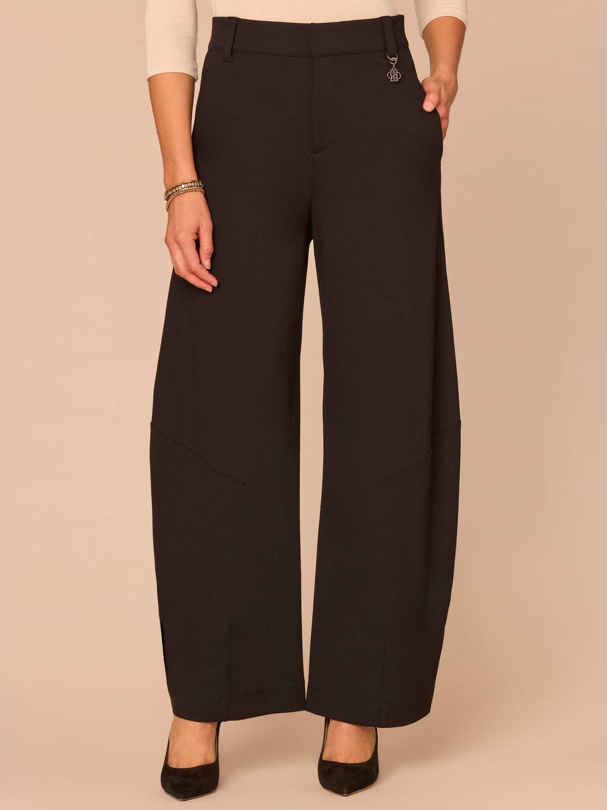 Democracy Clothing Ultra Skyrise Round Up Barrel Leg Ponte Knit Pants with Waist Charm - Black