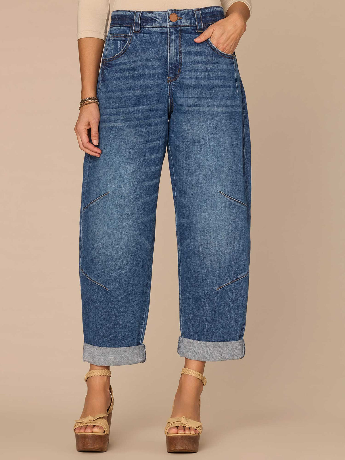 Democracy Clothing "Ab"solution® Skyrise Roll Cuff Petite Barrel Leg Jeans with Knee Dart - Mid Blue Artisanal Denim