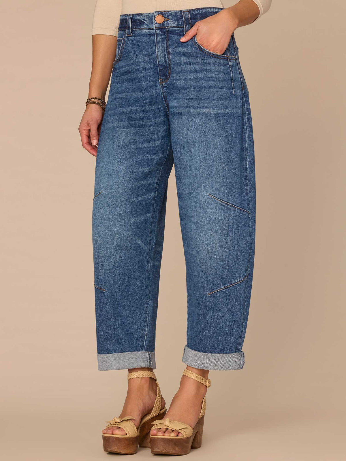 Democracy Clothing "Ab"solution® Skyrise Roll Cuff Petite Barrel Leg Jeans with Knee Dart - Mid Blue Artisanal Denim
