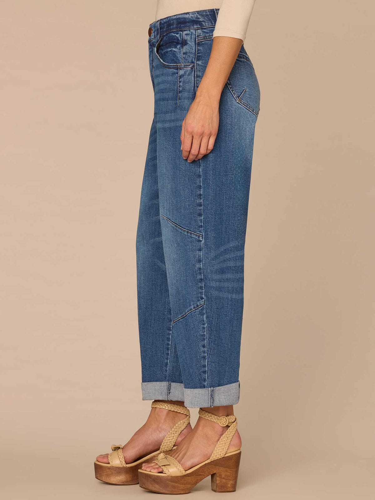 Democracy Clothing "Ab"solution® Skyrise Roll Cuff Petite Barrel Leg Jeans with Knee Dart - Mid Blue Artisanal Denim