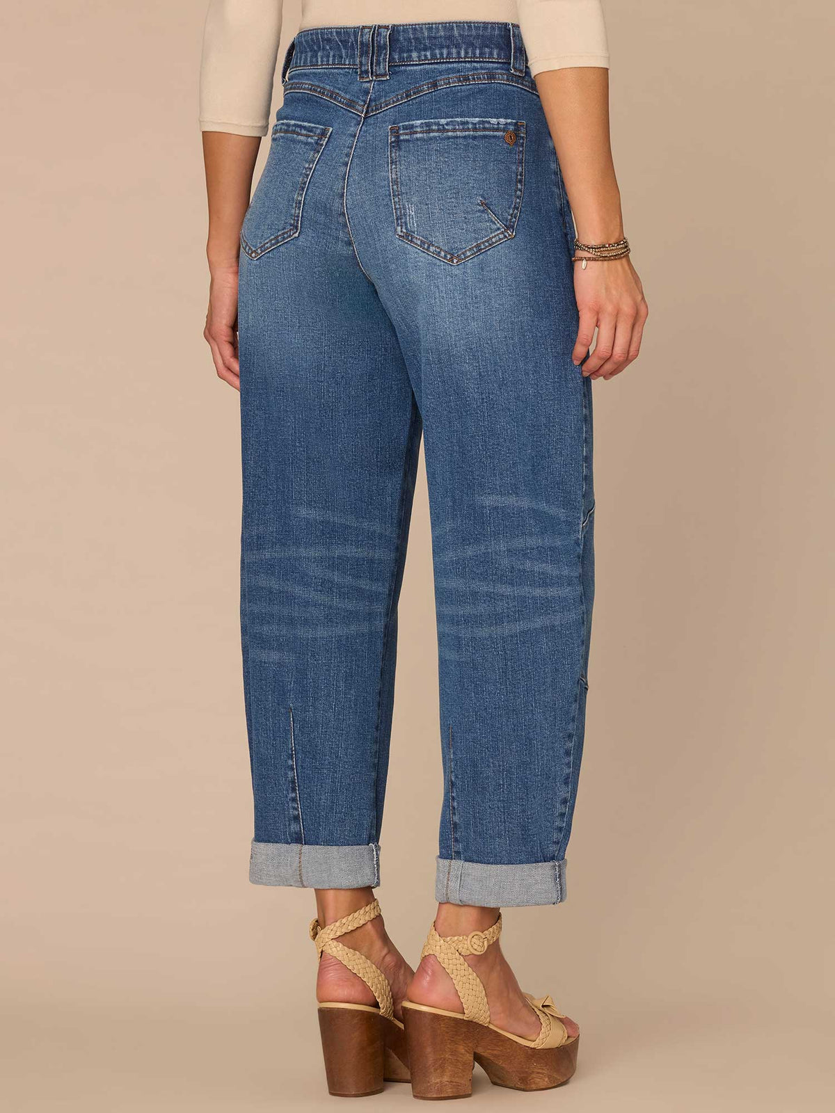 Democracy Clothing "Ab"solution® Skyrise Roll Cuff Petite Barrel Leg Jeans with Knee Dart - Mid Blue Artisanal Denim