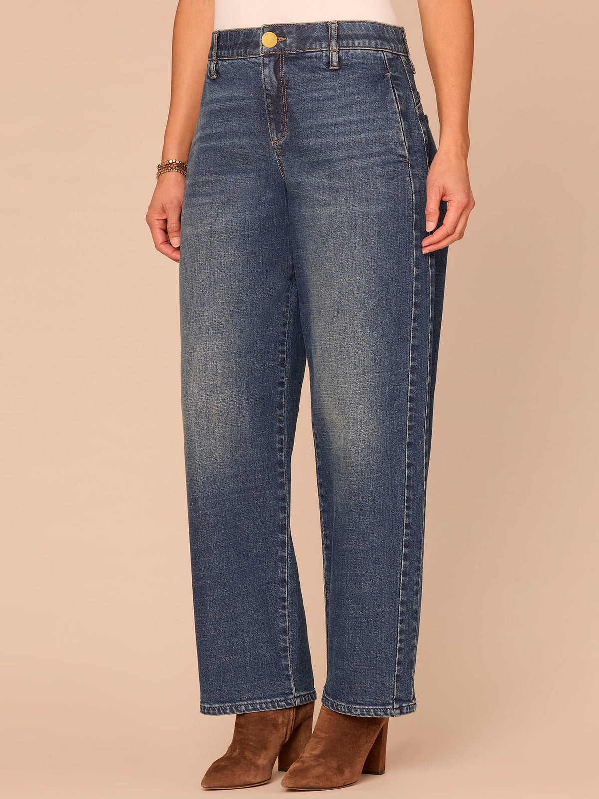 Democracy Clothing "Ab"solution® High Rise V-Yoke Side Panel Barrel Leg Petite Jeans - Blue Denim