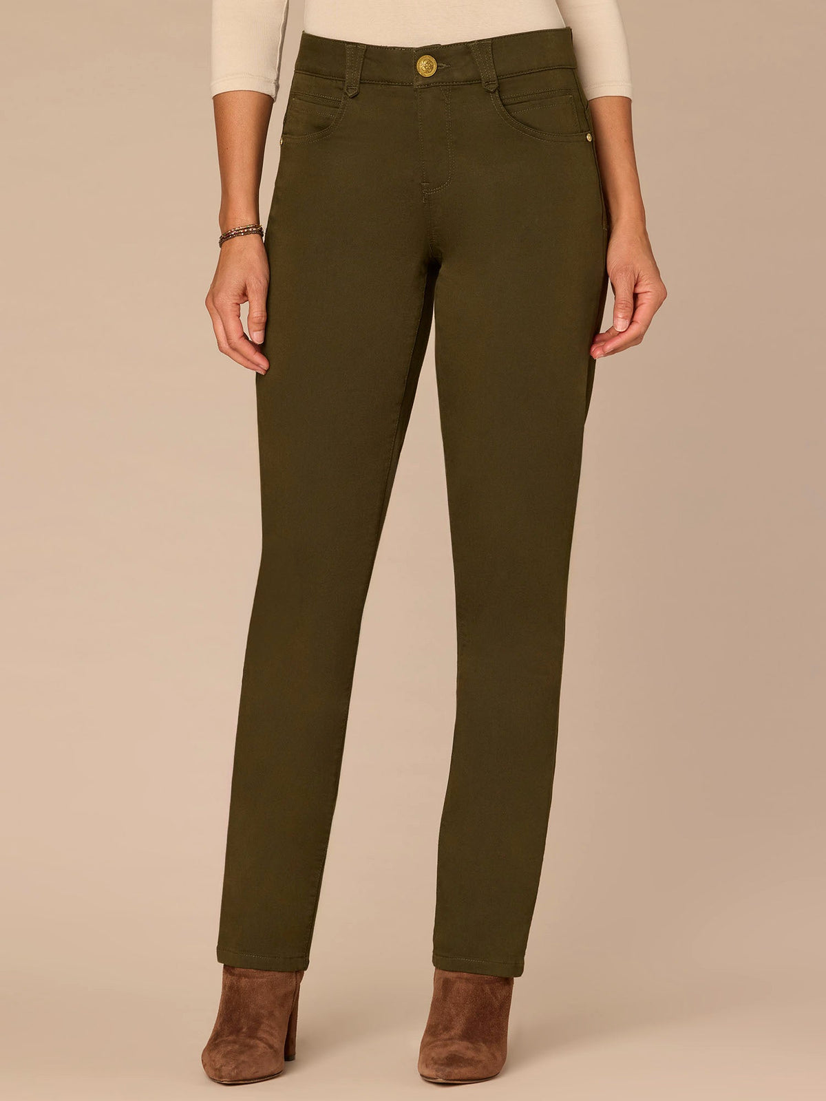 Democracy Clothing "Ab"solution® Straight Leg Petite Colored Jeans - Brown|Duffel Green|Oxblood|Pewter|Cold Brew|Golden Olive
