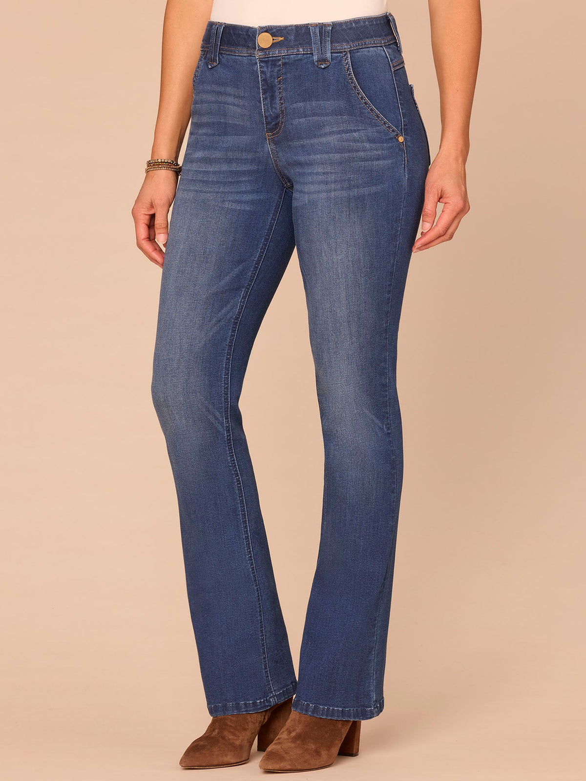 Democracy Clothing "Ab"solution® Mid-Rise 3D Embroidered Pocket Itty Bitty Boot Petite Jeans - Blue Denim