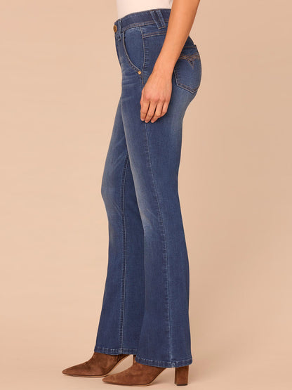 Democracy Clothing "Ab"solution® Mid-Rise 3D Embroidered Pocket Itty Bitty Boot Petite Jeans - Blue Denim
