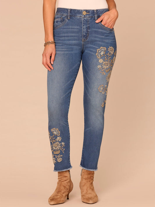 Democracy Clothing "Ab"solution® High Rise Seamless Floral Embroidered Ankle Skimmer Jean - Blue Denim