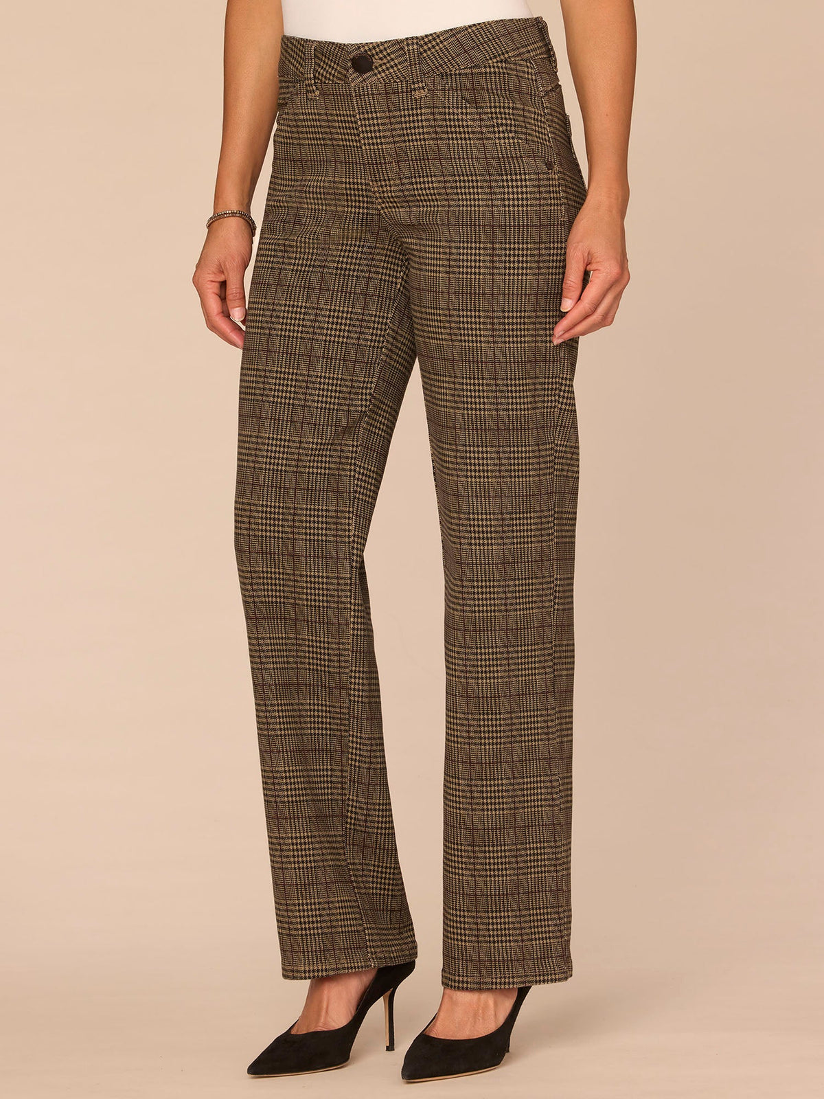 Democracy Clothing "Ab"solution® Mid-Rise Slash Pocket Plaid Print Straight Leg Pants - Golden Sugar Multi