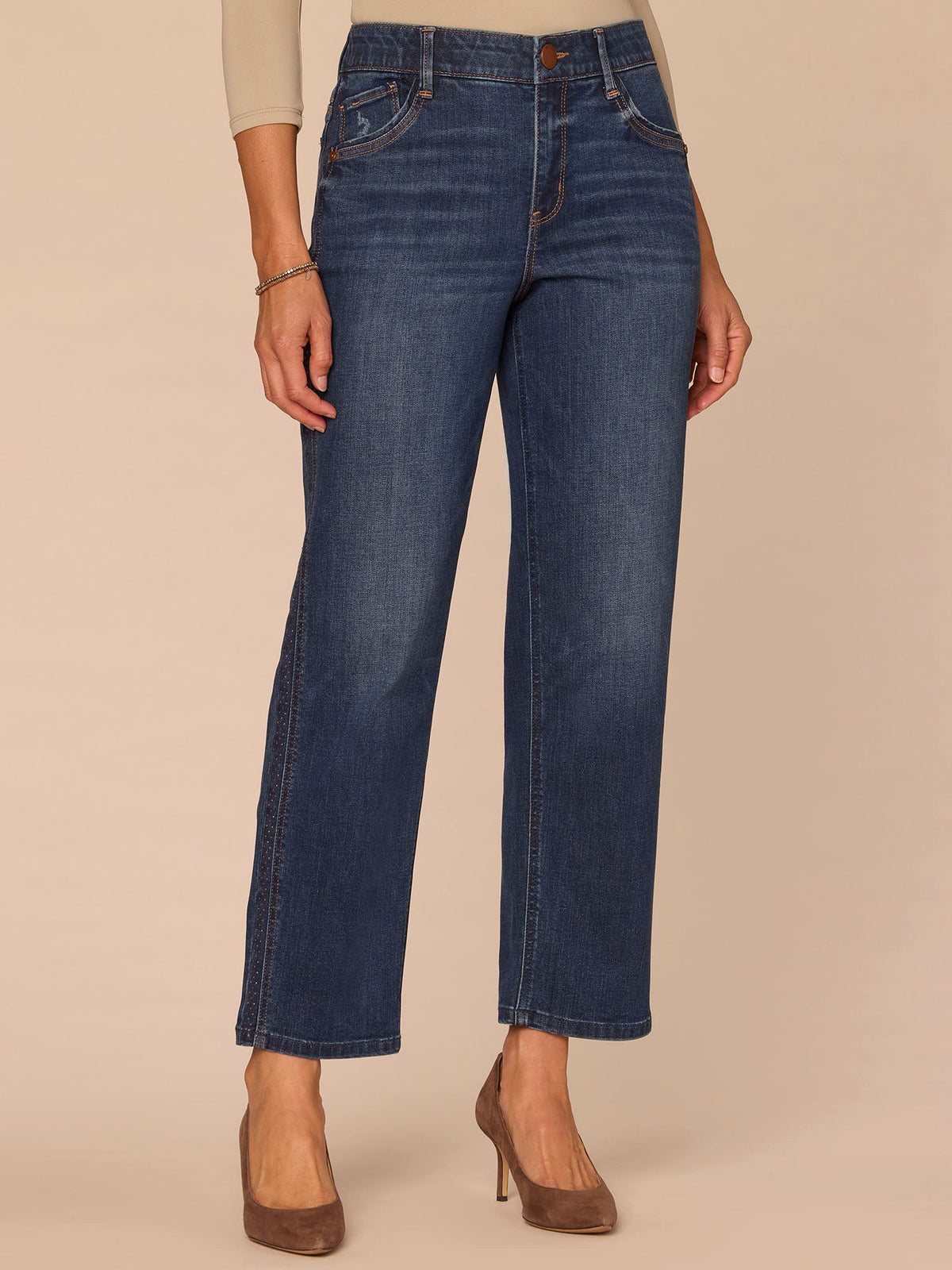 Democracy Clothing "Ab"solution® High Rise Rhinestone Double Seam Ankle Straight Jeans - Blue Denim