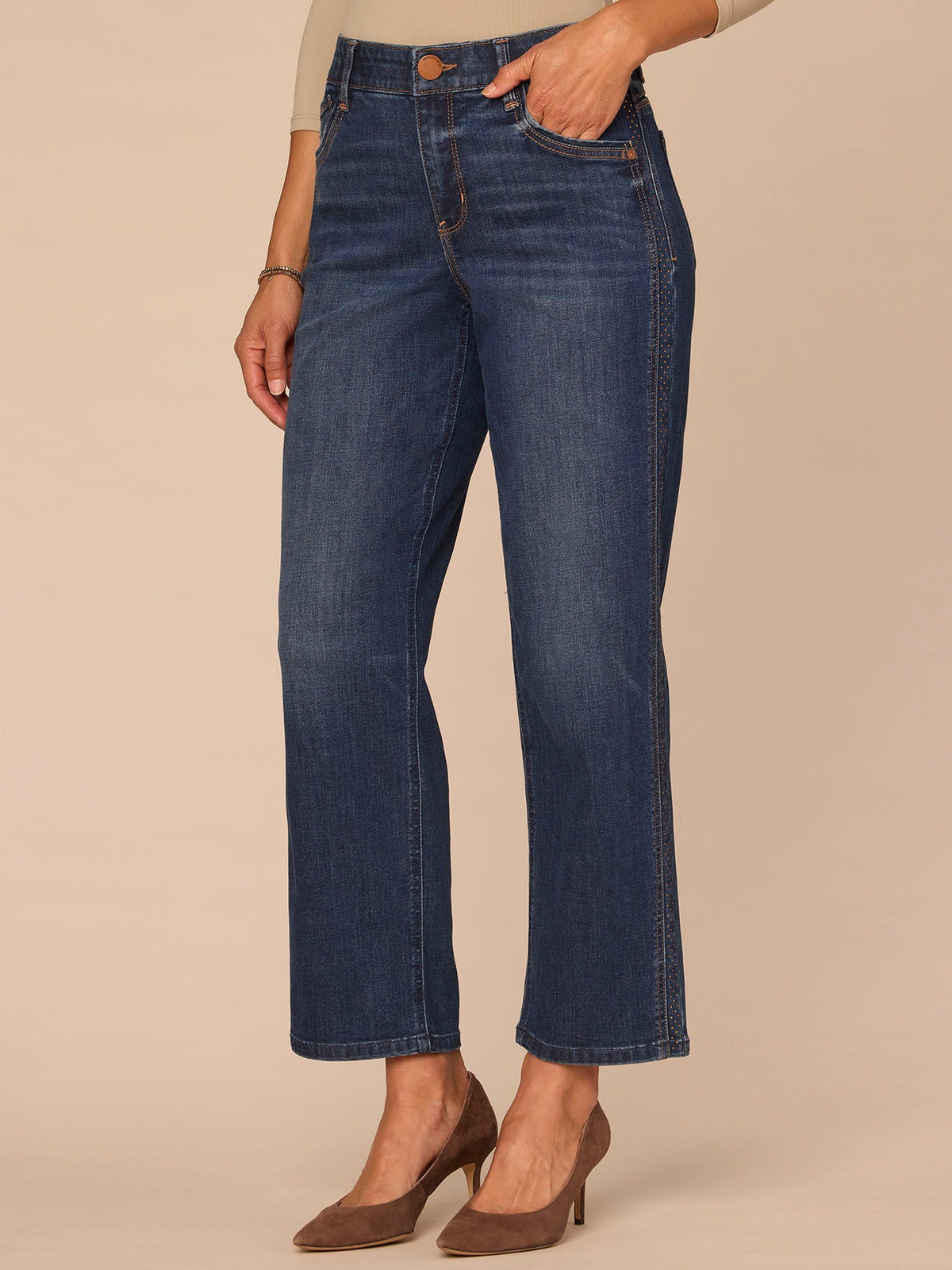 Democracy Clothing "Ab"solution® High Rise Blue Rhinestone Ankle Straight Petite Jeans - Blue Denim