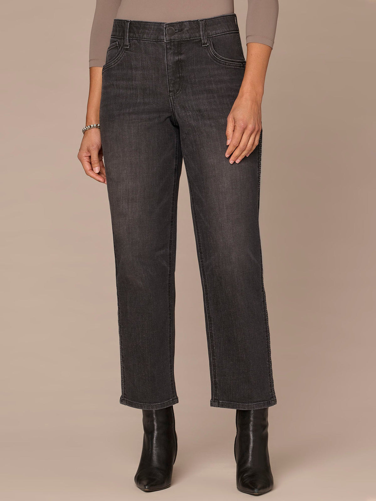 Democracy Clothing "Ab"solution® High Rise Rhinestone Ankle Straight Petite Jeans - Washed Black Denim
