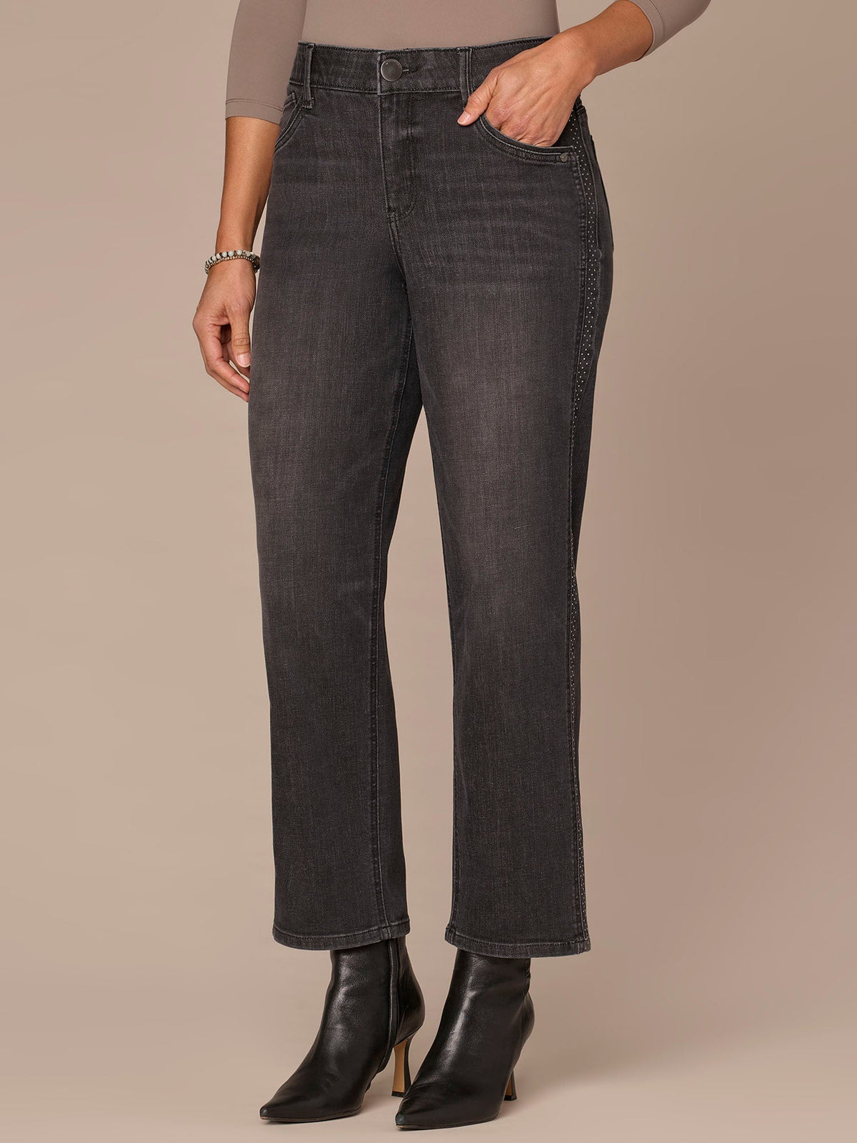 Democracy Clothing "Ab"solution® High Rise Rhinestone Ankle Straight Petite Jeans - Washed Black Denim