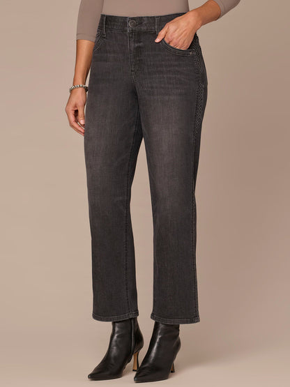 Democracy Clothing "Ab"solution® High Rise Rhinestone Ankle Straight Petite Jeans - Washed Black Denim