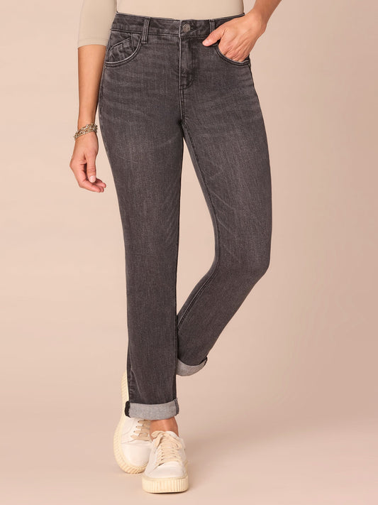 Democracy Clothing "Ab"solution® Mid-Rise Girlfriend Jeans with Roll Cuff - Washed Black Artisanal Denim