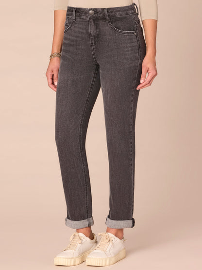 Democracy Clothing "Ab"solution® Mid-Rise Petite Girlfriend Jeans with Roll Cuff - Washed Black Artisanal Denim