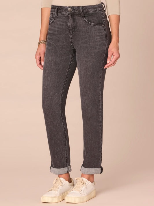 Democracy Clothing "Ab"solution® Mid-Rise Petite Girlfriend Jeans with Roll Cuff - Washed Black Artisanal Denim