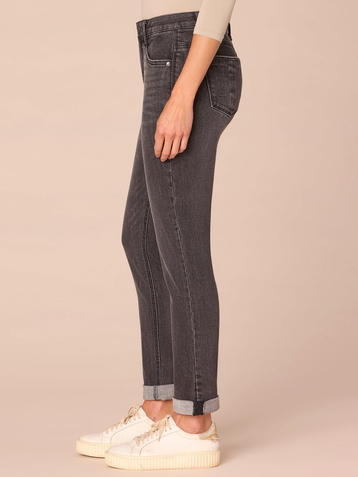 Democracy Clothing "Ab"solution® Mid-Rise Petite Girlfriend Jeans with Roll Cuff - Washed Black Artisanal Denim