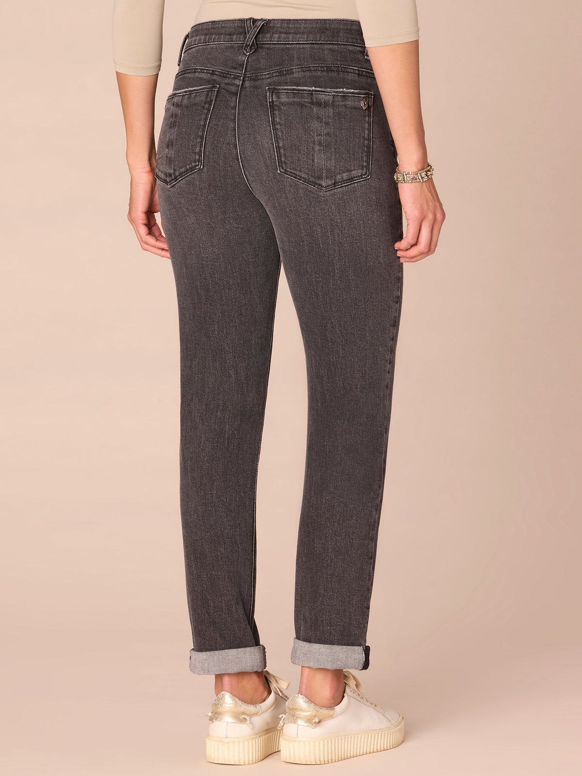 Democracy Clothing "Ab"solution® Mid-Rise Petite Girlfriend Jeans with Roll Cuff - Washed Black Artisanal Denim