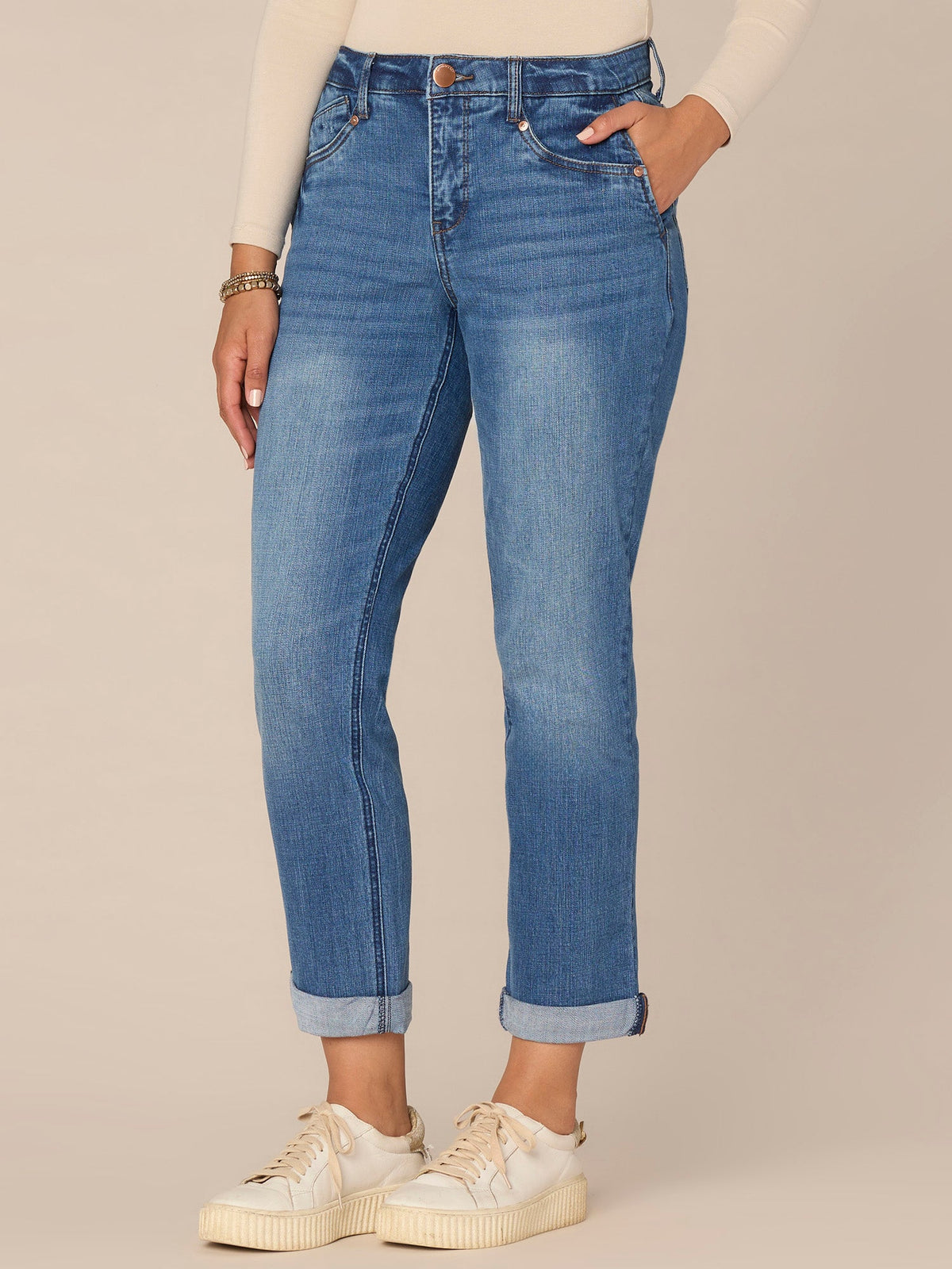 Democracy Clothing "Ab"solution Mid-Rise Side Entry Pocket Girlfriend Petite Jeans - Mid Blue Artisanal Denim