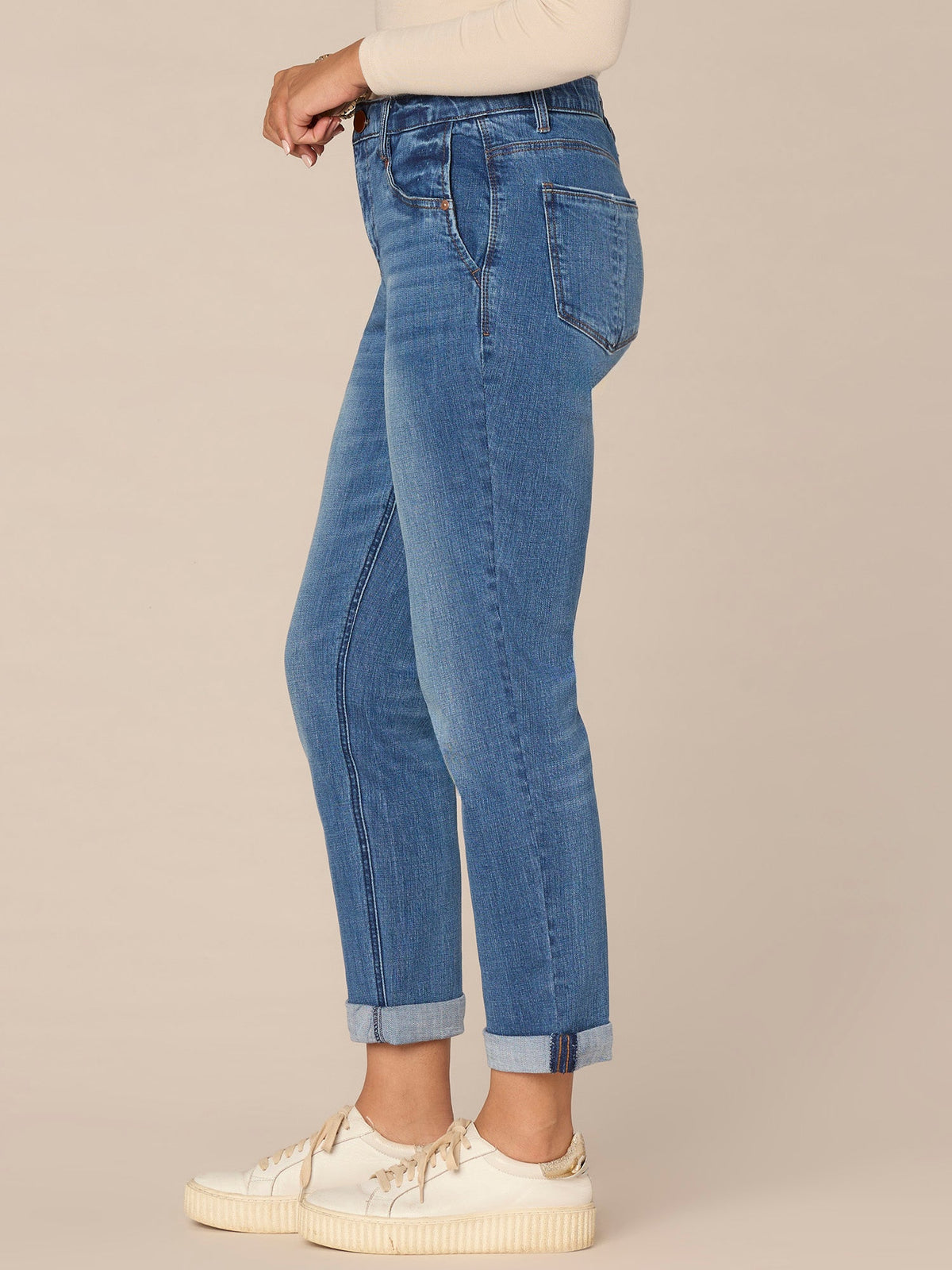 Democracy Clothing "Ab"solution Mid-Rise Side Entry Pocket Girlfriend Petite Jeans - Mid Blue Artisanal Denim