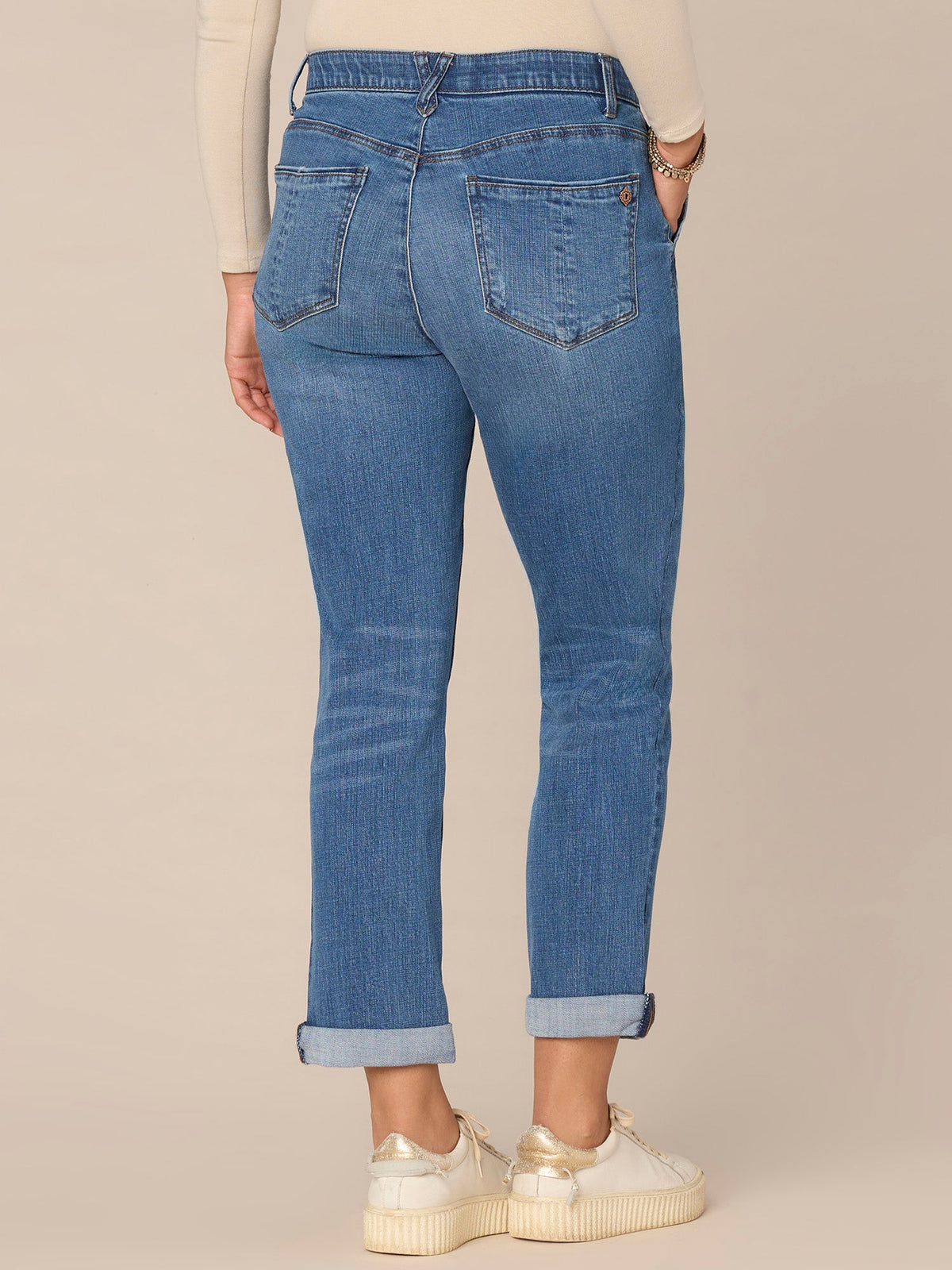 Democracy Clothing "Ab"solution Mid-Rise Side Entry Pocket Girlfriend Petite Jeans - Mid Blue Artisanal Denim