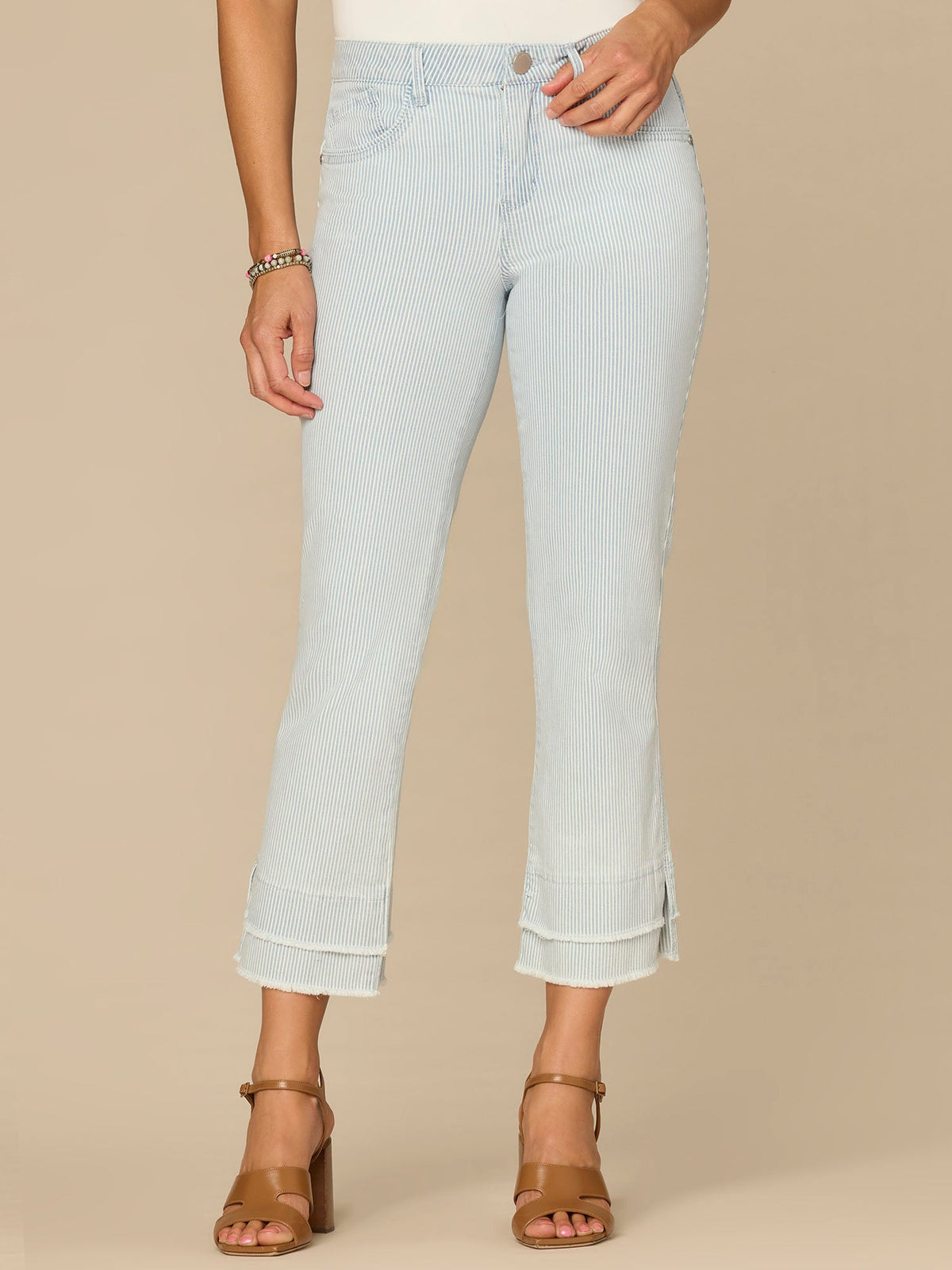 Democracy Clothing “Ab”solution® Striped Mid-Rise Double Layer Fray Hem Petite Kick Flare Jeans - Powder Blue Denim