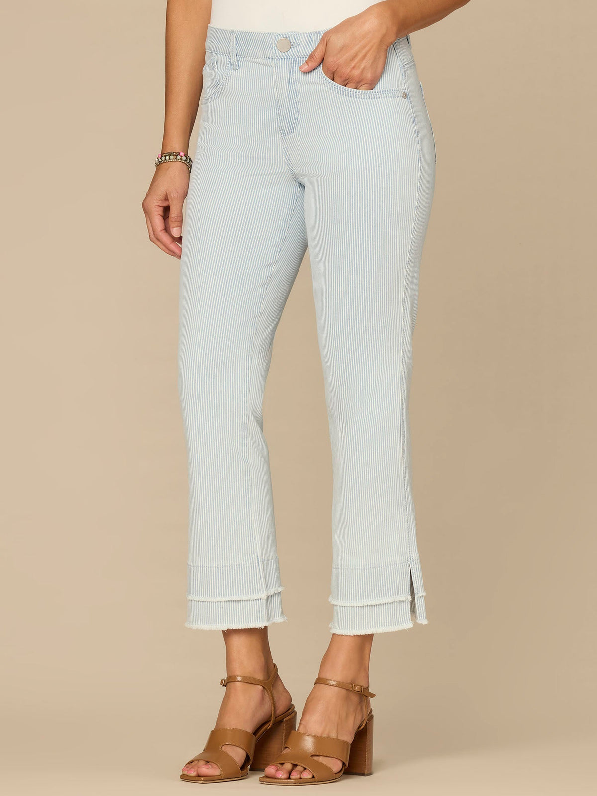 Democracy Clothing “Ab”solution® Striped Mid-Rise Double Layer Fray Hem Petite Kick Flare Jeans - Powder Blue Denim