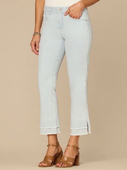 Democracy Clothing “Ab”solution® Striped Mid-Rise Double Layer Fray Hem Petite Kick Flare Jeans - Powder Blue Denim