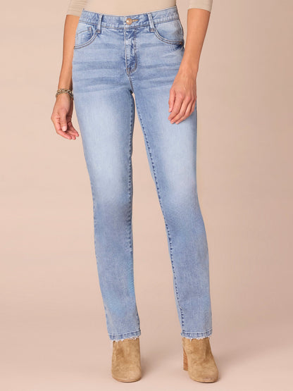 Democracy Clothing "Ab"solution® High Rise Petite Vintage Wash Straight Leg Jeans - Light Blue Denim
