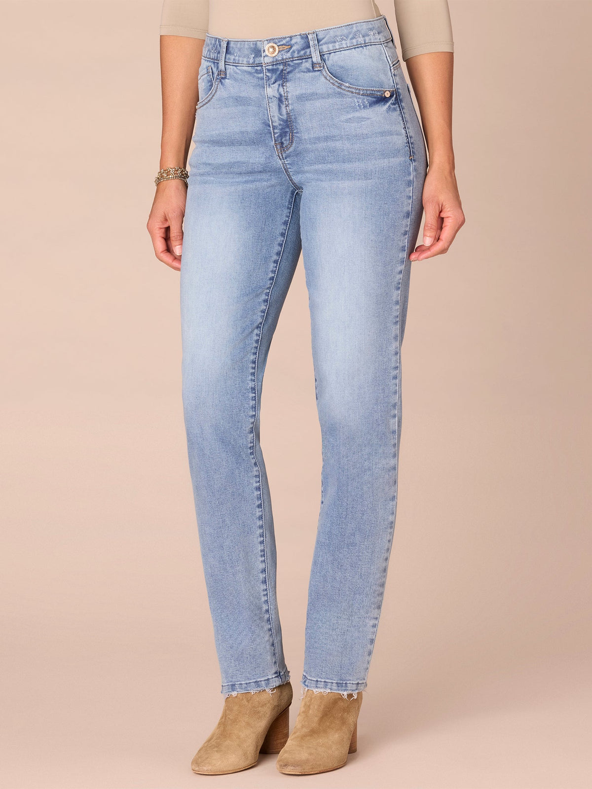 Democracy Clothing "Ab"solution® High Rise Petite Vintage Wash Straight Leg Jeans - Light Blue Denim