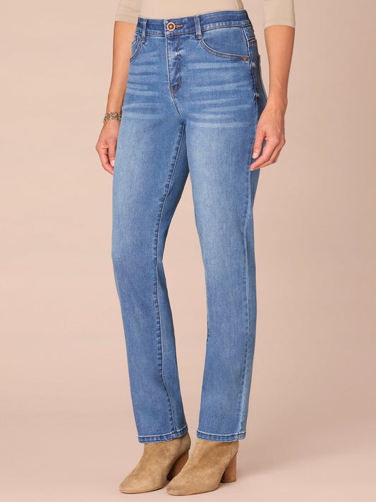 Democracy Clothing "Ab"solution® High Rise Petite Straight Leg Jeans in Mid Blue - Mid Blue Denim