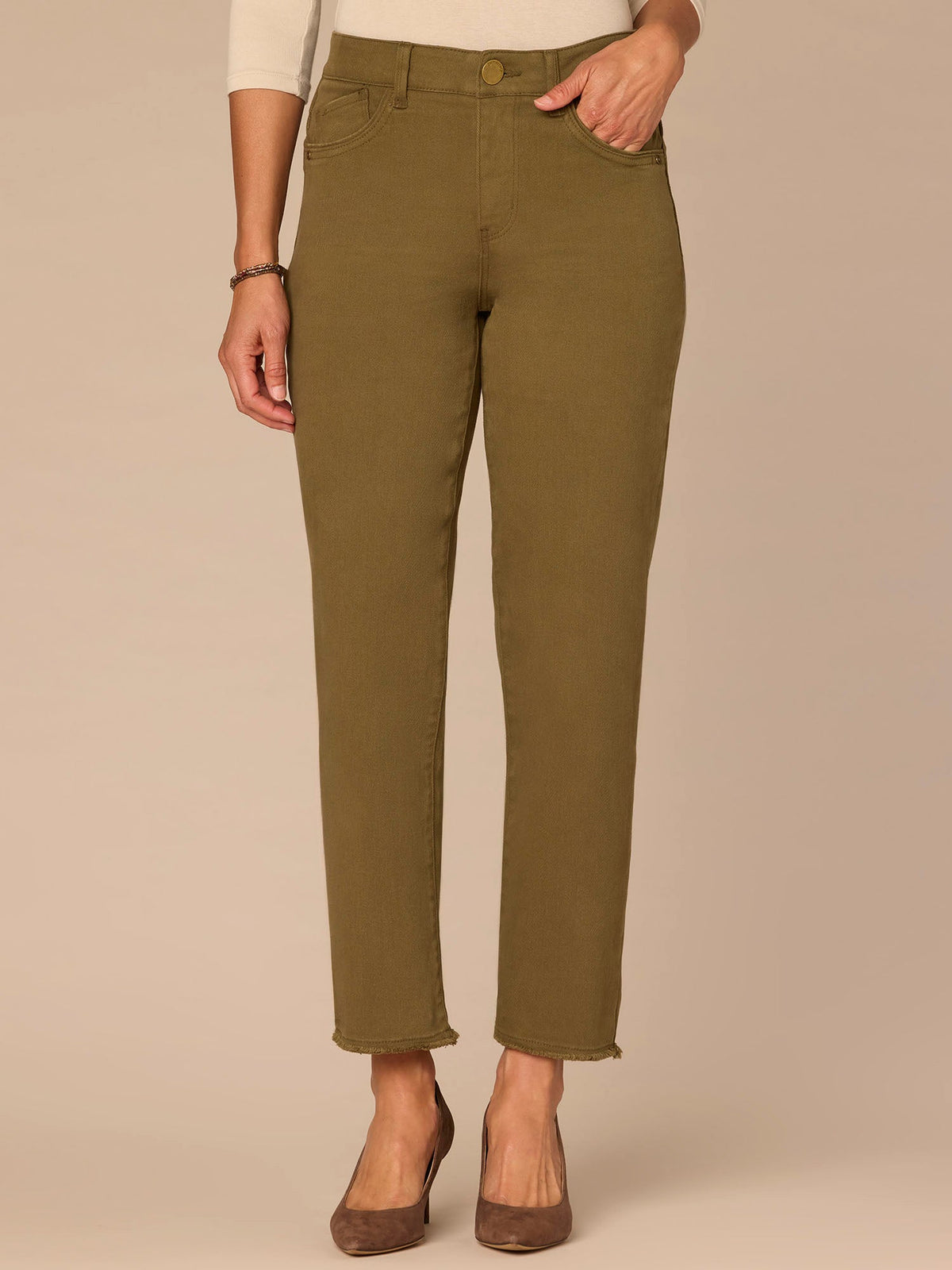 Democracy Clothing "Ab"solution® Colored Slim Straight Cascading "D" Pants - Forest Moss|Brown|Fig Jam|Icy Blue|Lily Pad|Optic White|Pale Stone|Rose Bloom|Wheat|Duffel Green