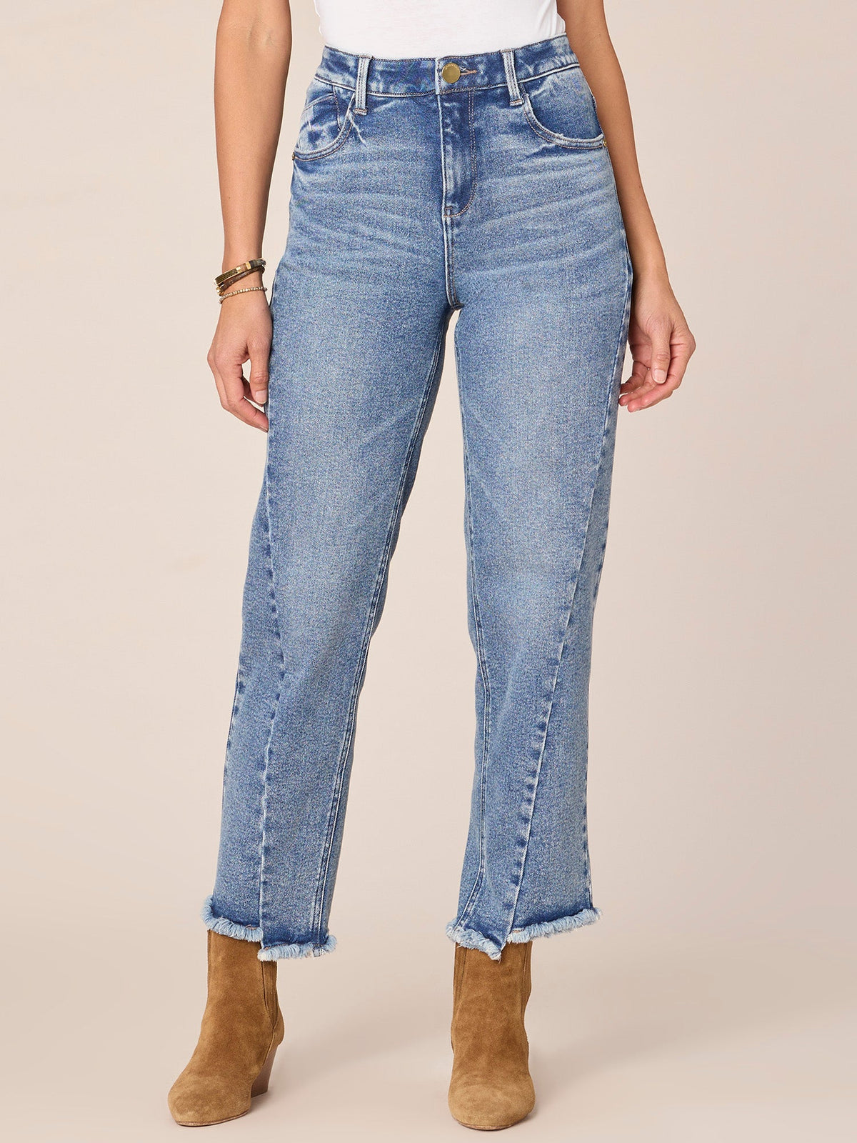 Democracy Clothing "Ab"solution® High Rise Spliced Frayed Ankle Straight Leg Petite Jeans - Mid Blue Denim