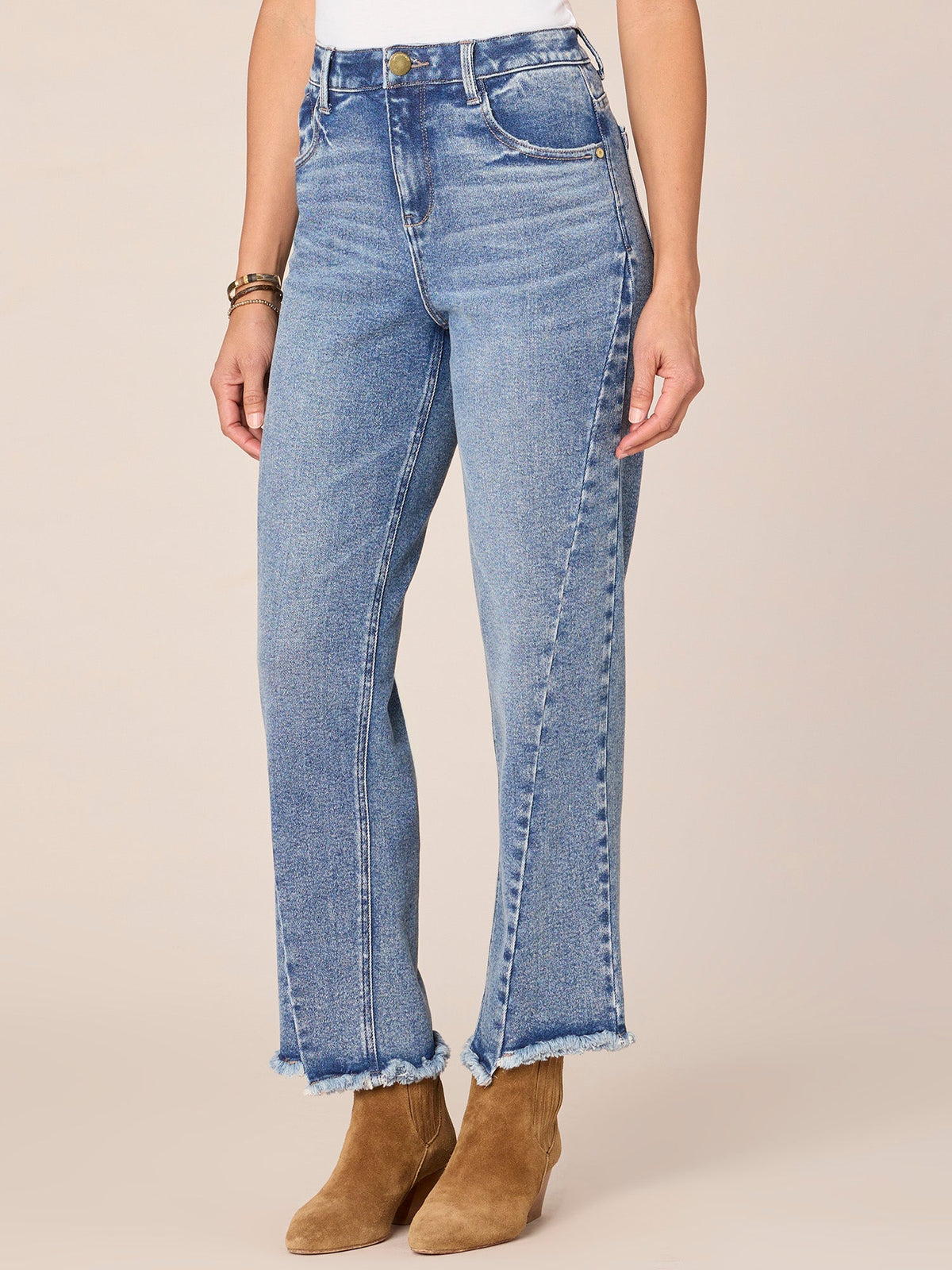 Democracy Clothing "Ab"solution® High Rise Spliced Frayed Ankle Straight Leg Petite Jeans - Mid Blue Denim