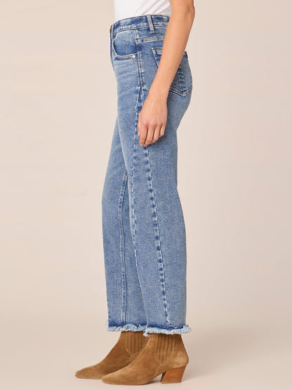 Democracy Clothing "Ab"solution® High Rise Spliced Frayed Ankle Straight Leg Petite Jeans - Mid Blue Denim