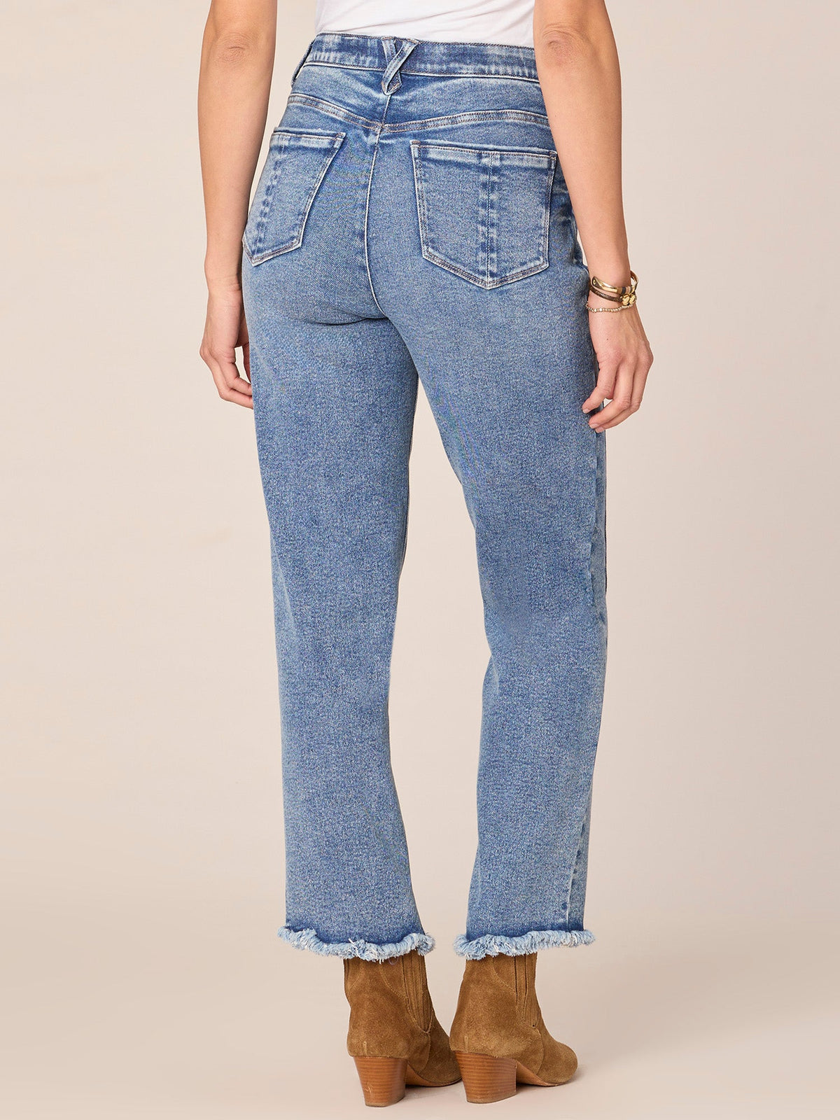 Democracy Clothing "Ab"solution® High Rise Spliced Frayed Ankle Straight Leg Petite Jeans - Mid Blue Denim