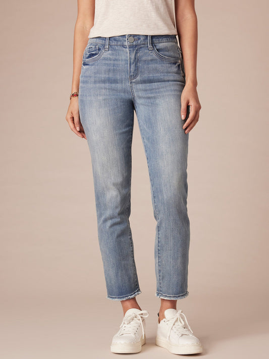 Democracy Clothing "Ab"solution Petite Slim Straight Jean with Embroidered Cascading "D" - Mid Blue Denim