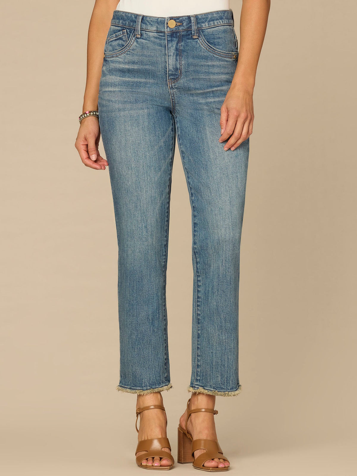 Democracy Clothing “Ab”solution® High Rise Embroidered Pocket Fray Hem Slim Straight Jean - Mid Blue Artisanal Denim