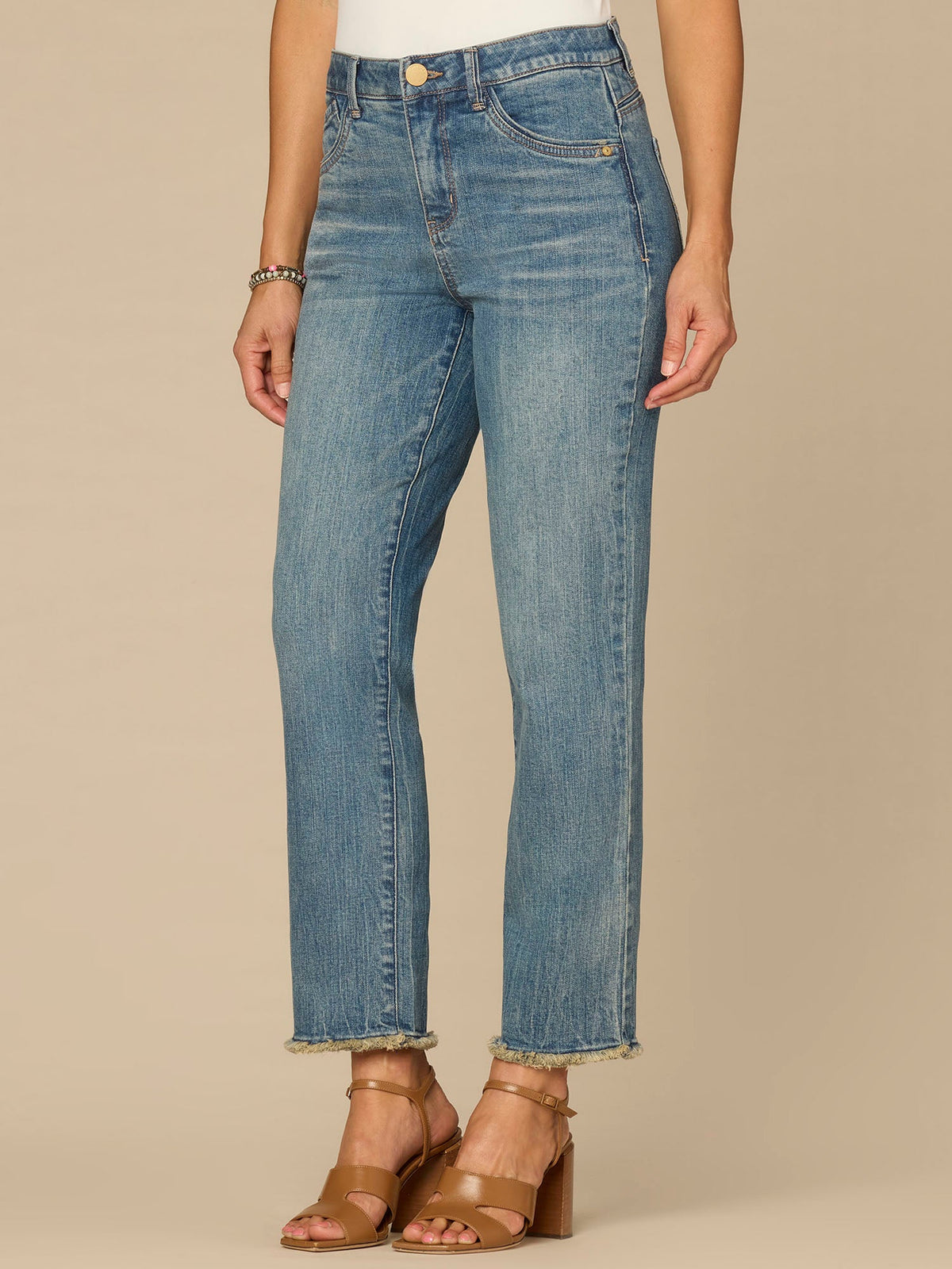 Democracy Clothing “Ab”solution® High Rise Embroidered Frayed Petite Slim Straight Jean - Mid Blue Artisanal Denim