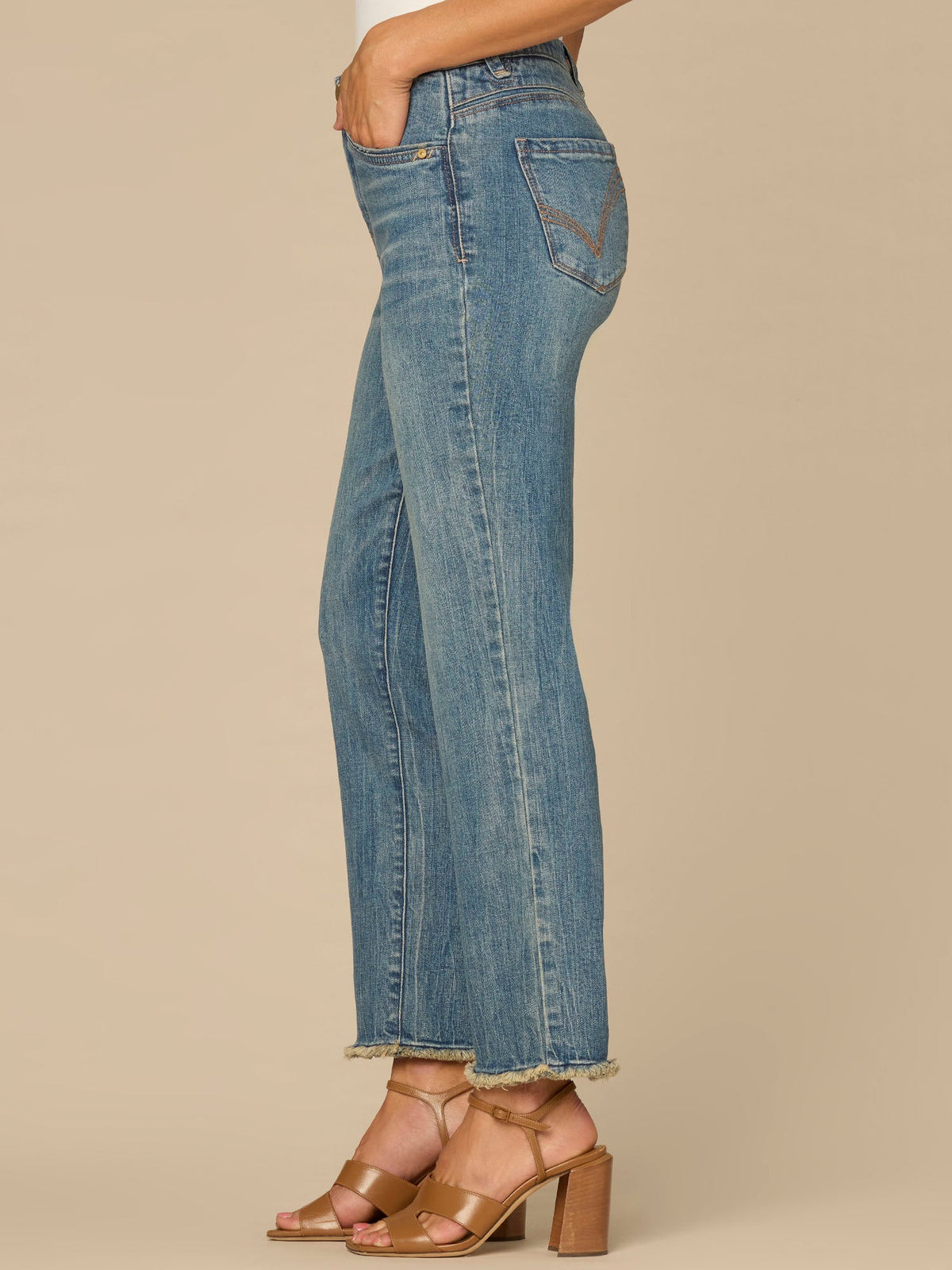 Democracy Clothing “Ab”solution® High Rise Embroidered Frayed Petite Slim Straight Jean - Mid Blue Artisanal Denim