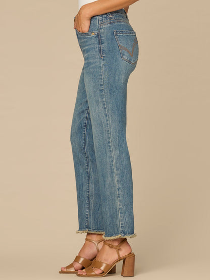 Democracy Clothing “Ab”solution® High Rise Embroidered Frayed Petite Slim Straight Jean - Mid Blue Artisanal Denim