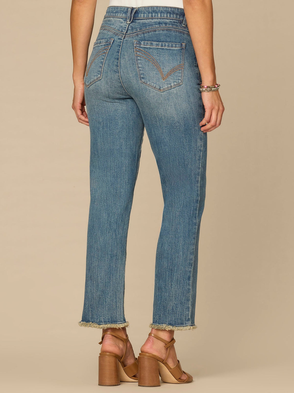 Democracy Clothing “Ab”solution® High Rise Embroidered Pocket Fray Hem Slim Straight Jean - Mid Blue Artisanal Denim
