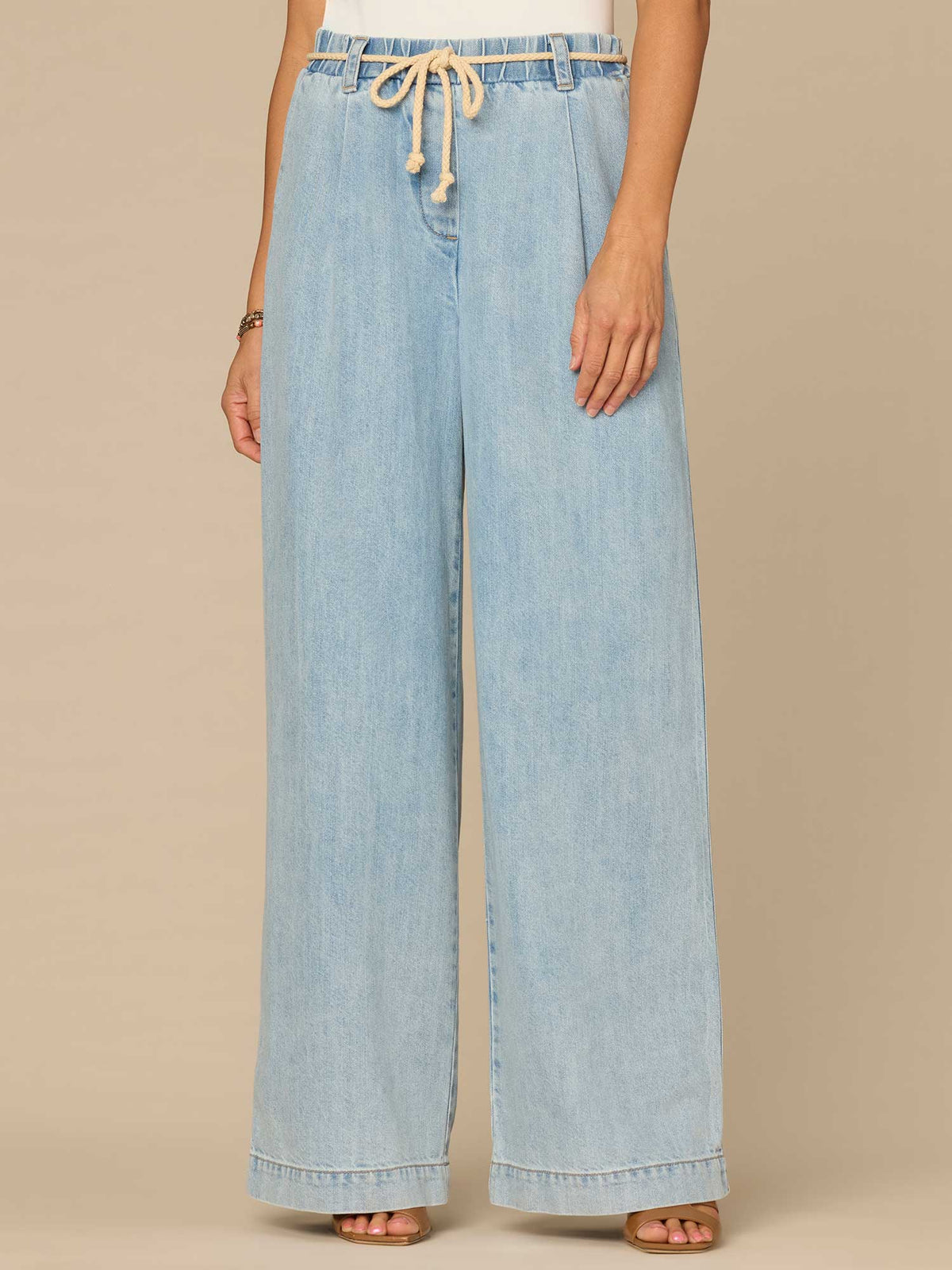 Democracy Clothing "Ab"leisure Skyrise Pleated Spade Pocket Wide Leg Jeans with Rope Belt - Light Blue Denim
